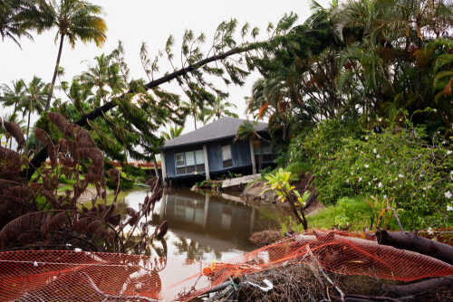 shutterstock_1279515805.jpg A house surrounded by floodwaters and fallen trees after a storm