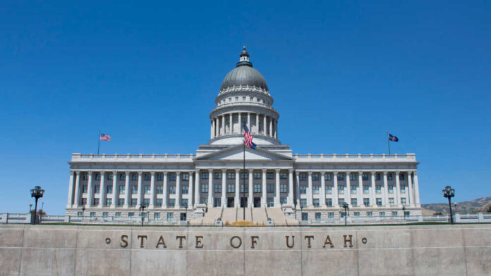 Utah State Capitol building with a clear blue sky