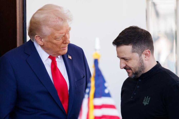Two political leaders engaged in conversation with flags in the background