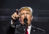 Donald Trump speaking passionately at a rally