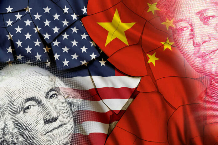 USA and China flags with currency images overlayed
