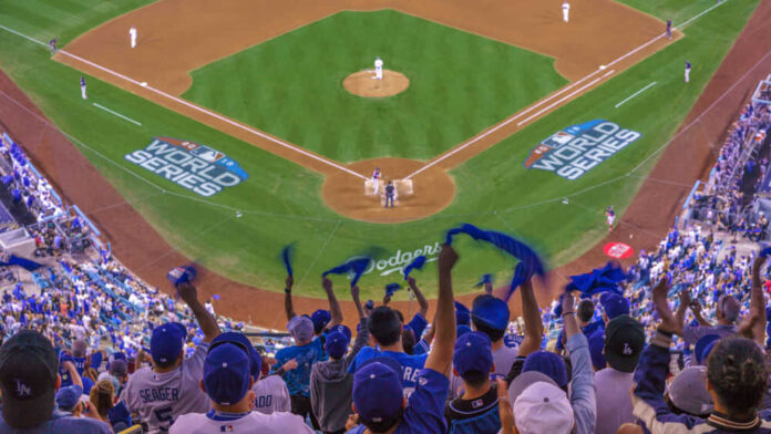 Fans cheering at a World Series baseball game