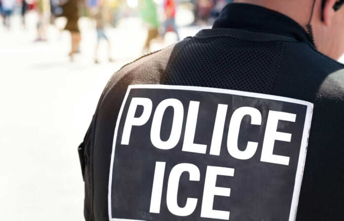 Police officers back with ICE label visible