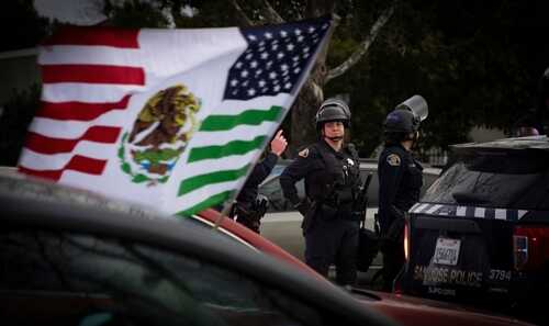 Police officers standing near vehicles with flags in the background