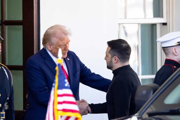 Two political leaders shaking hands at the White House