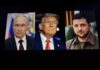 Three political leaders: Vladimir Putin, Donald Trump, and Volodymyr Zelenskyy