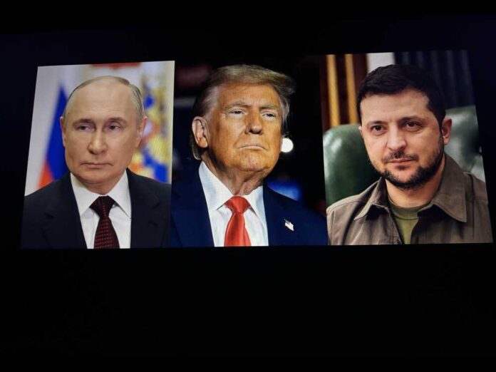 Three political leaders: Vladimir Putin, Donald Trump, and Volodymyr Zelenskyy