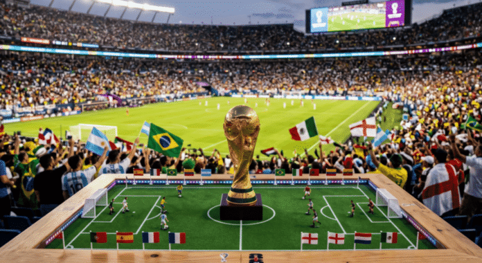 A miniature soccer field with a World Cup trophy in front of a cheering crowd